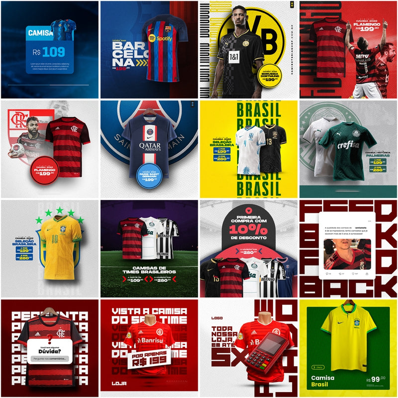 Pack 50 Artes editáveis photoshop – Loja de camisa de Futebol