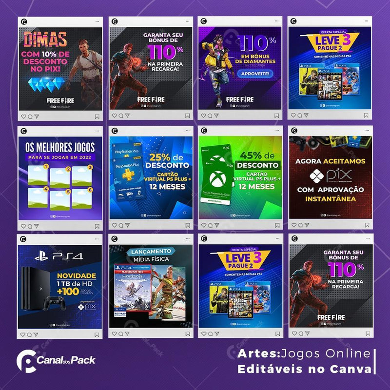 Pack 10 Artes editáveis no canva – jogos online