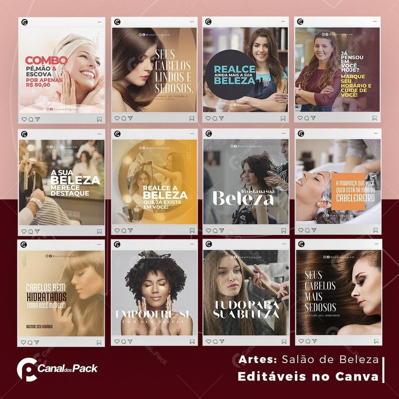 Pack 125 Artes editáveis no canva – Salão de Beleza +Stories