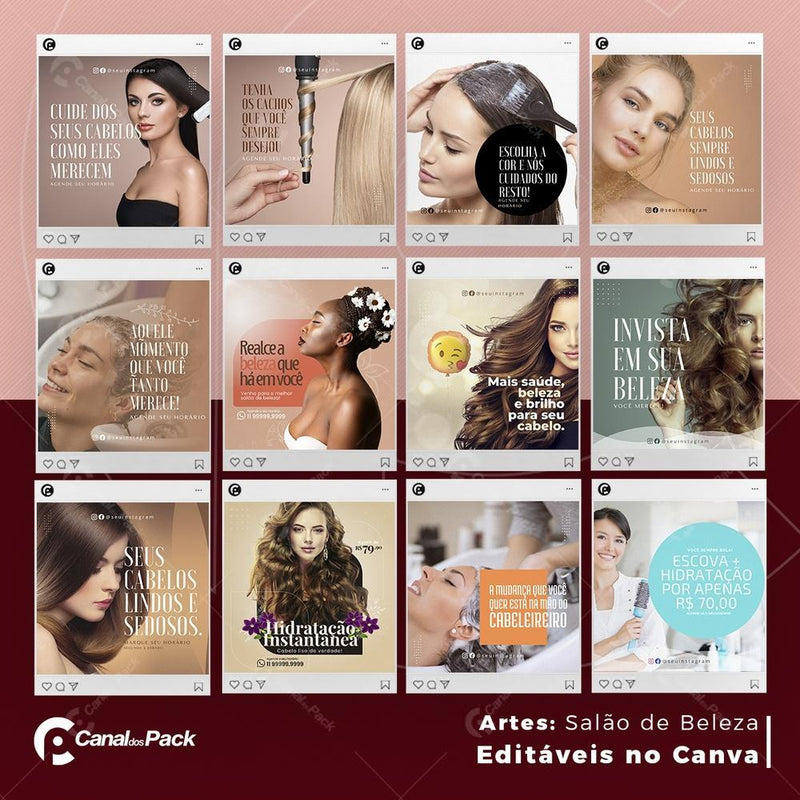 Pack 125 Artes editáveis no canva – Salão de Beleza +Stories