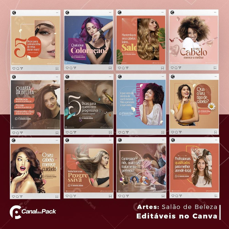 Pack 125 Artes editáveis no canva – Salão de Beleza +Stories