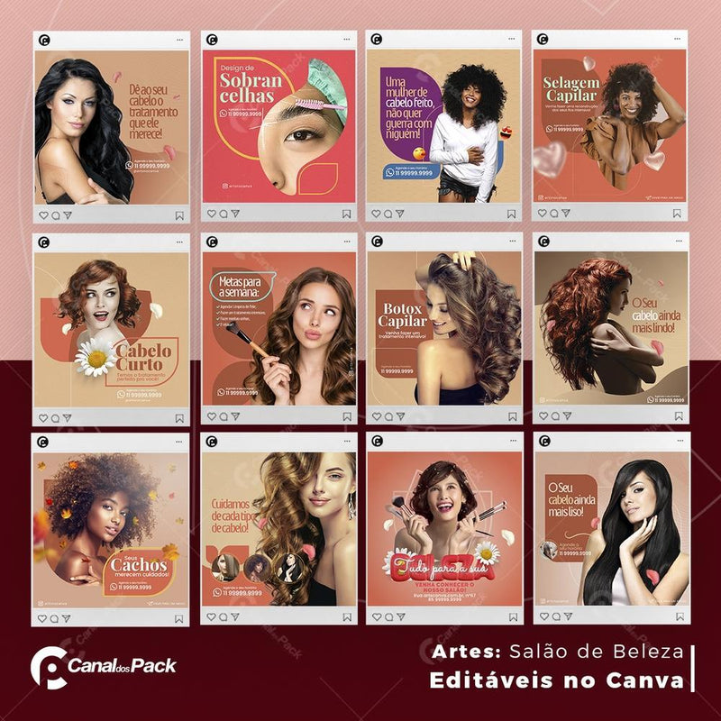 Pack 125 Artes editáveis no canva – Salão de Beleza +Stories