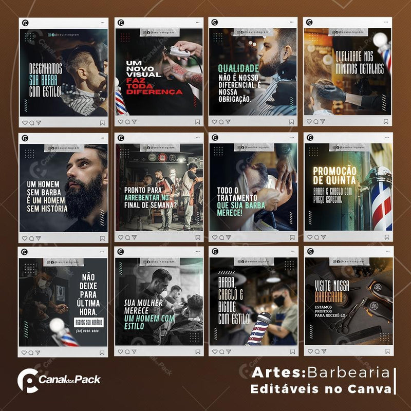 Pack 130 Artes editáveis no canva – Barbearia +Stories