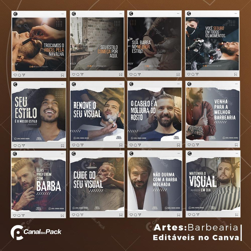 Pack 130 Artes editáveis no canva – Barbearia +Stories