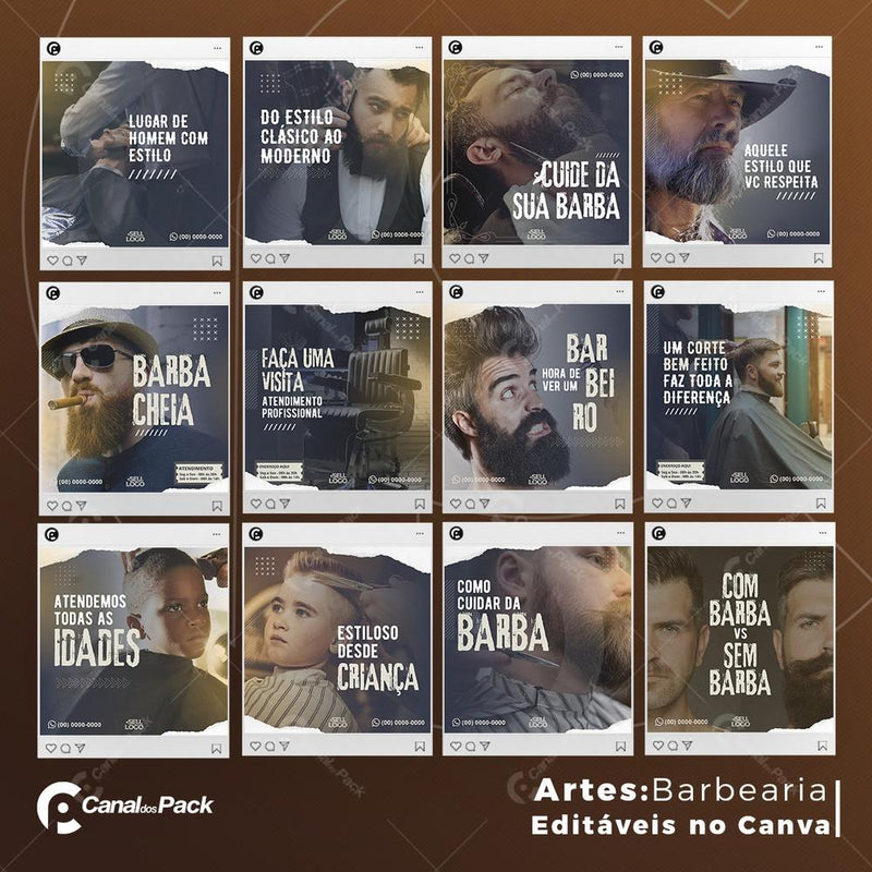 Pack 130 Artes editáveis no canva – Barbearia +Stories