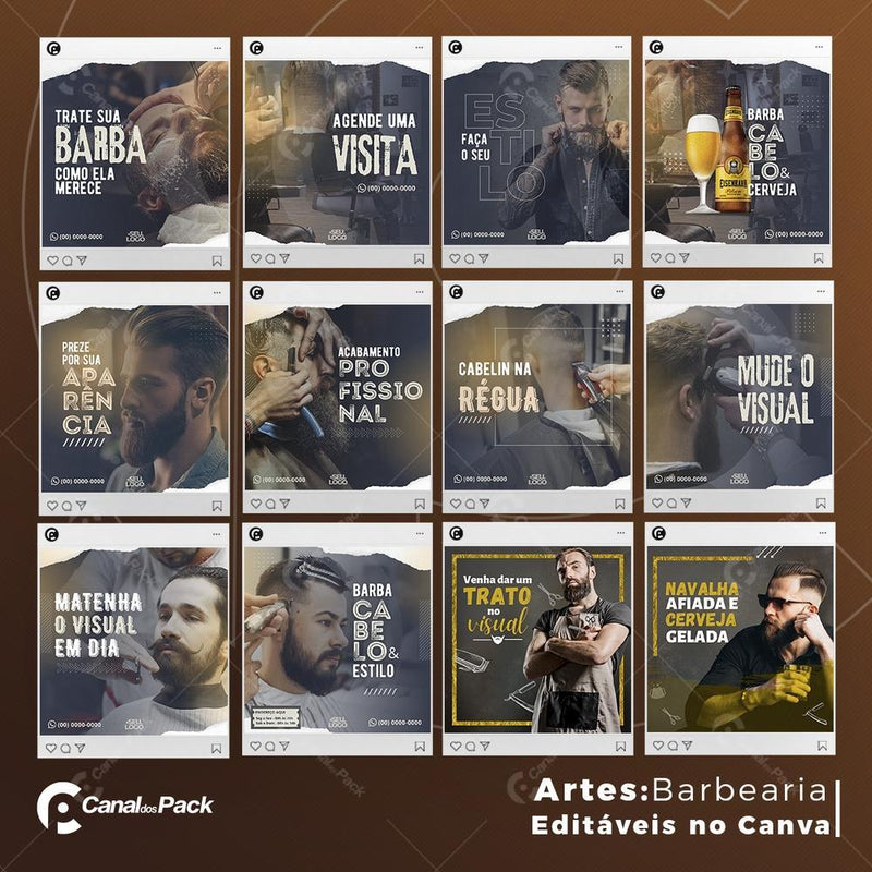 Pack 130 Artes editáveis no canva – Barbearia +Stories