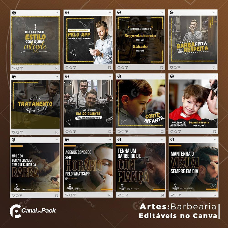 Pack 130 Artes editáveis no canva – Barbearia +Stories