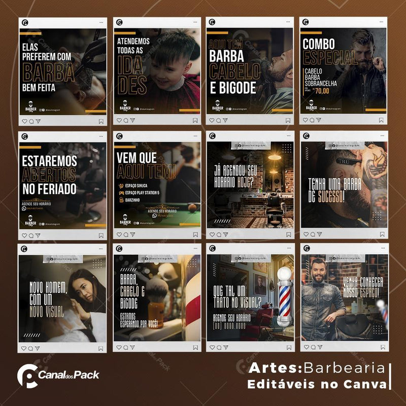 Pack 130 Artes editáveis no canva – Barbearia +Stories