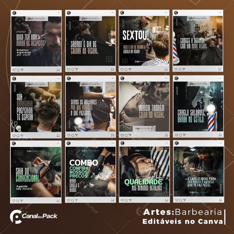 Pack 130 Artes editáveis no canva – Barbearia +Stories